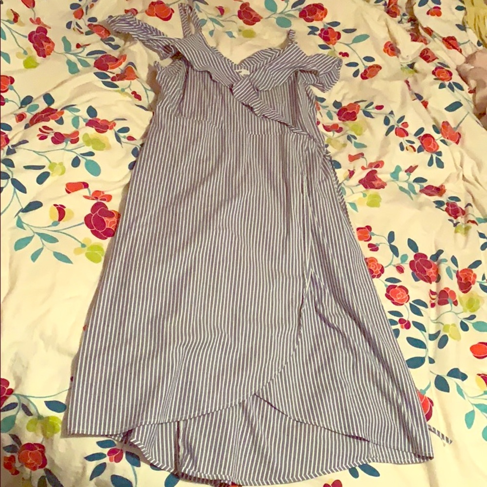 Pinstripe Blue White Cold Shoulder Midi Wrap Dress